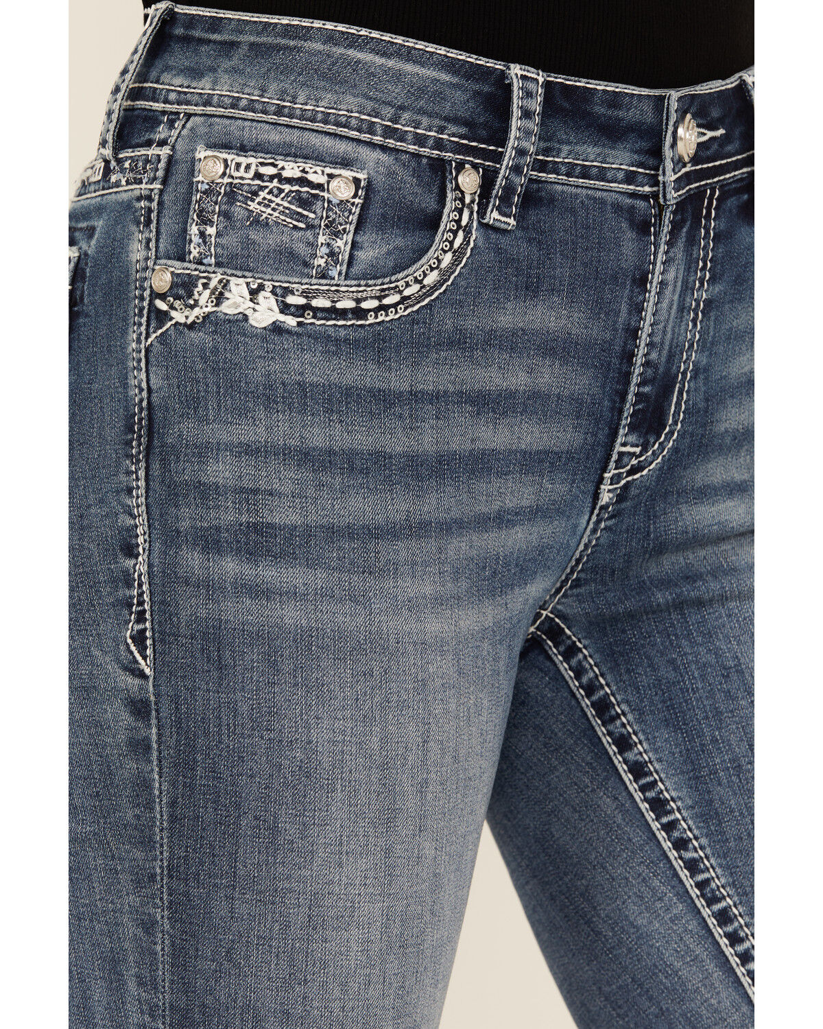 Image #4 - Grace In LA Women's Medium Wash Geo Print Embroidered Mid Rise Bootcut Stretch Denim Jeans, Medium Wash, hi-res