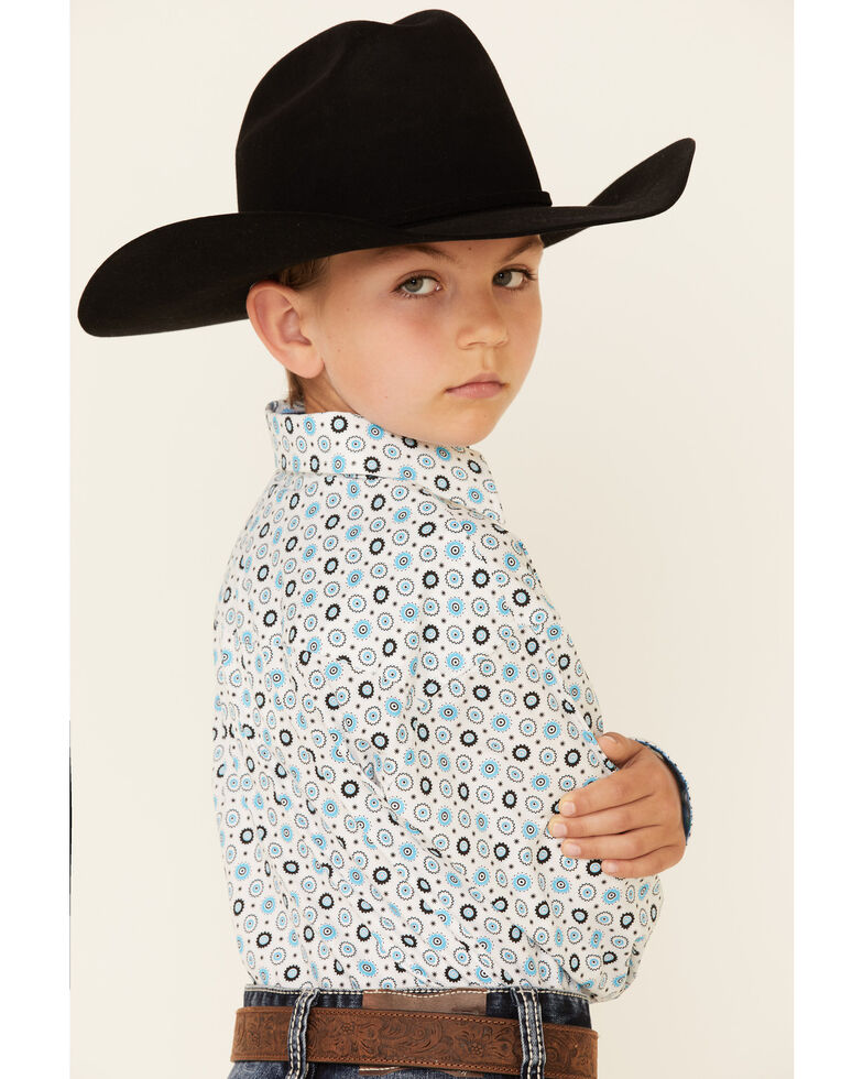 Panhandle Select Boys' Turquoise Dot Geo Print Long Sleeve Snap Western Shirt , Turquoise, hi-res