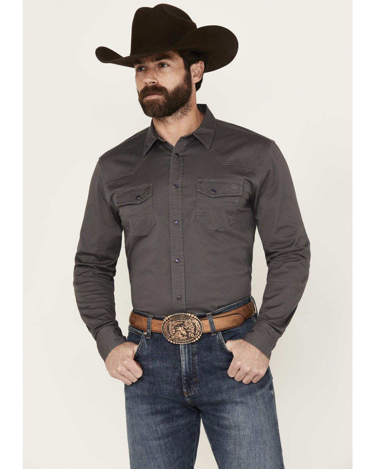 Image #1 - Blue Ranchwear Men's Rustler Solid Twill Long Sleeve Snap Stretch Western Work Shirt, Charcoal, hi-res