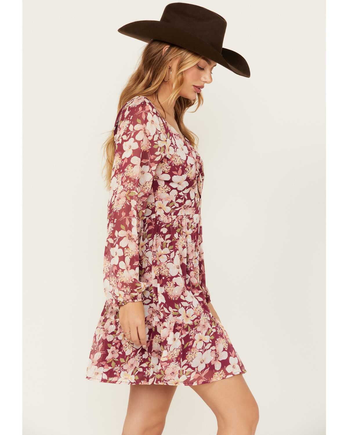 Image #2 - En Creme Women's Floral Cutout Long Sleeve Mini Dress, Pink, hi-res