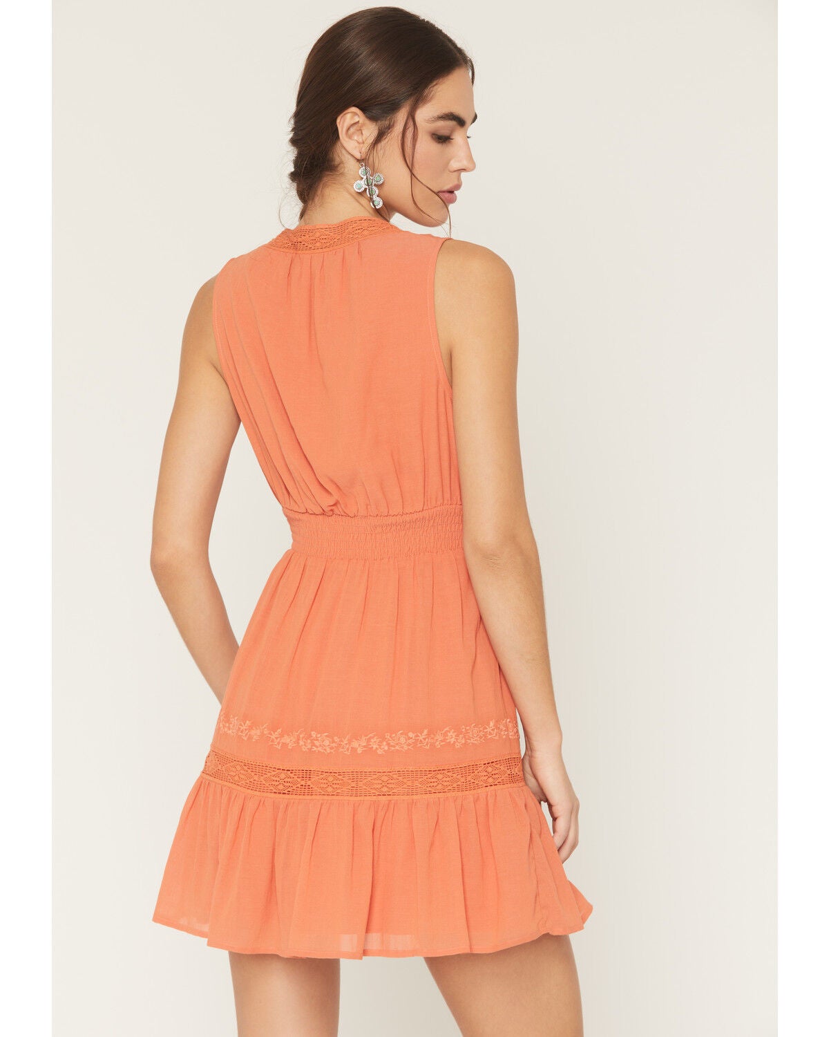 Image #4 - Shyanne Women's Embroidered Sleeveless Smocked Waist Mini Dress, Coral, hi-res