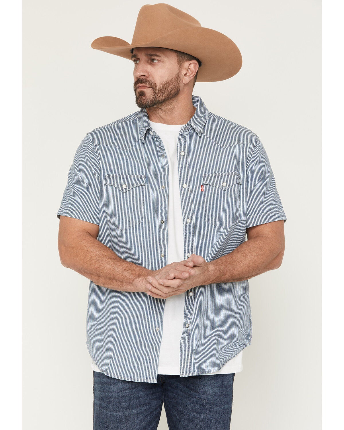 Image #1 - Levi's Men's Classic Picadilly Striped Short Sleeve Snap Western Shirt, Navy, hi-res