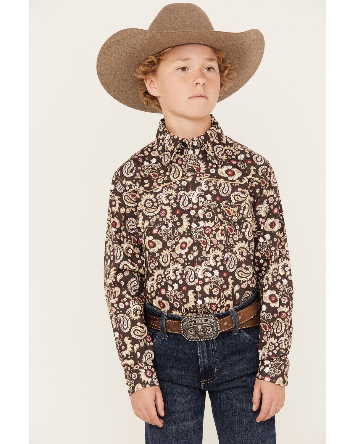 Image #1 - Cowboy Hardware Boys' Mixed Paisley Print Long Sleeve Snap Western Shirt, Chocolate, hi-res