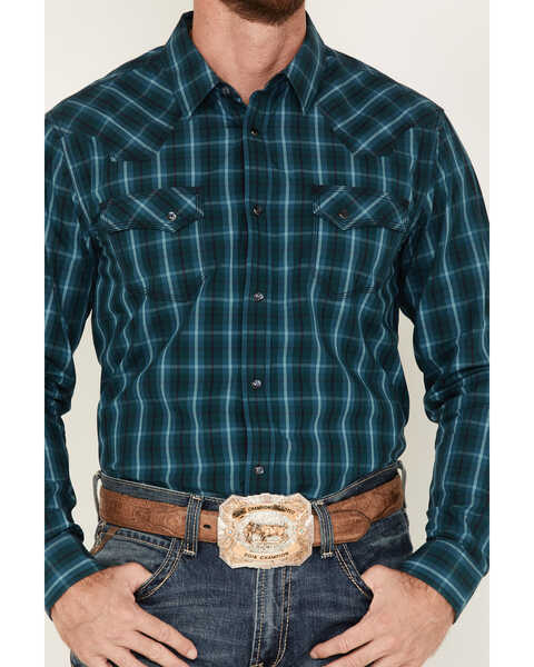 Image #3 - Moonshine Spirit Men's Bayou Plaid Print Long Sleeve Western Snap Shirt, Teal, hi-res