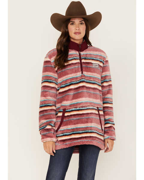 Hooey Women's Serape Stripe Print Quarter Zip Fleece Sweatshirt, Pink, hi-res