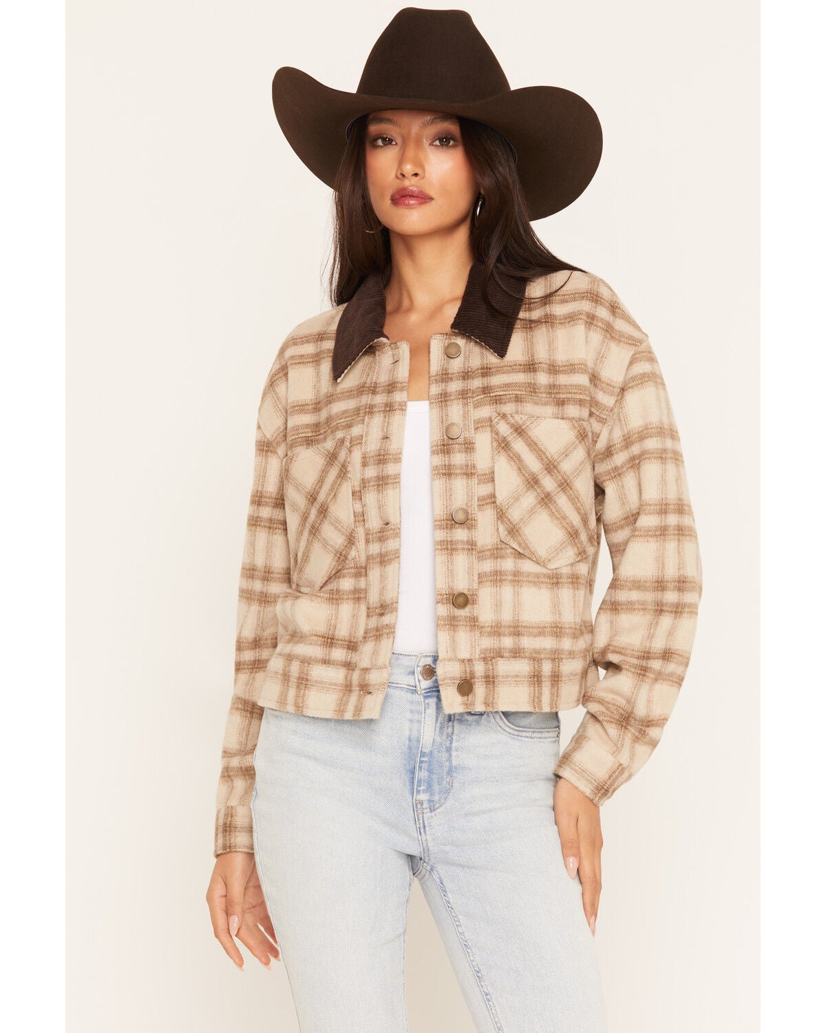 Image #1 - 26 International Women's Plaid Print Jacket, Tan, hi-res