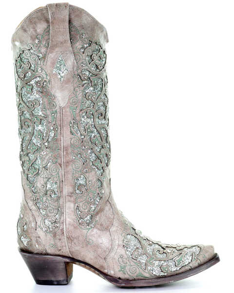 Image #2 - Corral Women's Glitter Inlay & Crystals Boots - Snip Toe, White, hi-res
