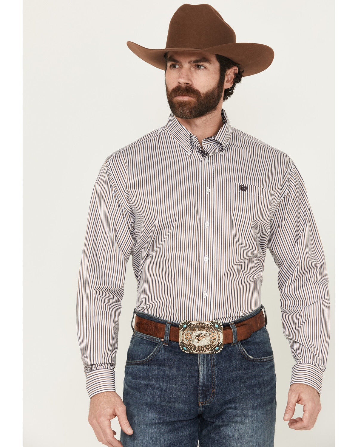 Cinch Men's Striped Print Tencel Long Sleeve Button-Down Western Shirt, White, hi-res