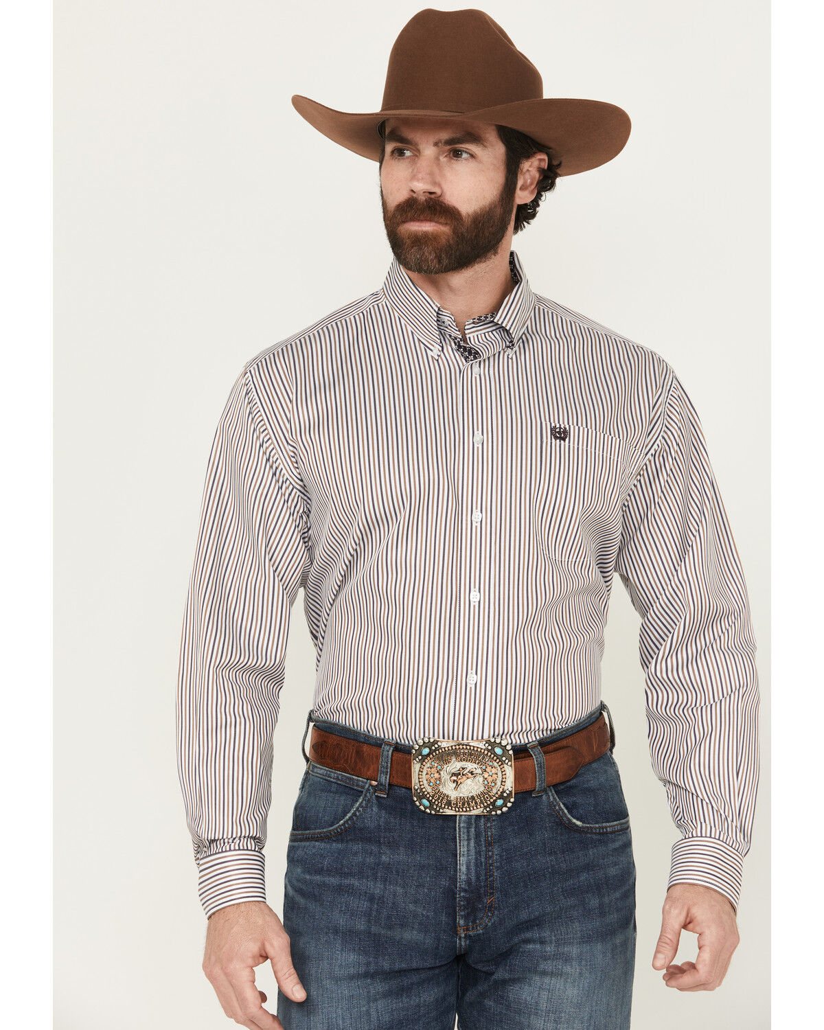 Image #1 - Cinch Men's Striped Long Sleeve Button-Down Western Shirt, White, hi-res