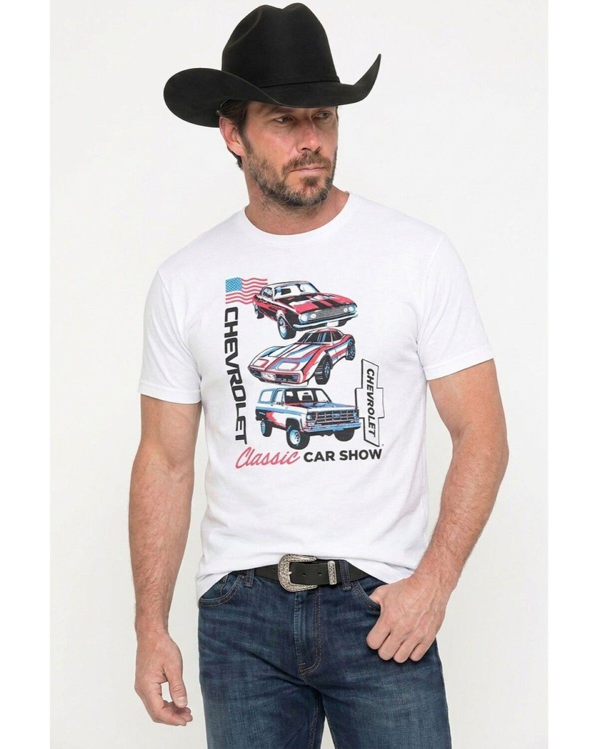 Image #1 - Americana Men's Chevy American Car Show Short Sleeve Graphic T-Shirt, White, hi-res