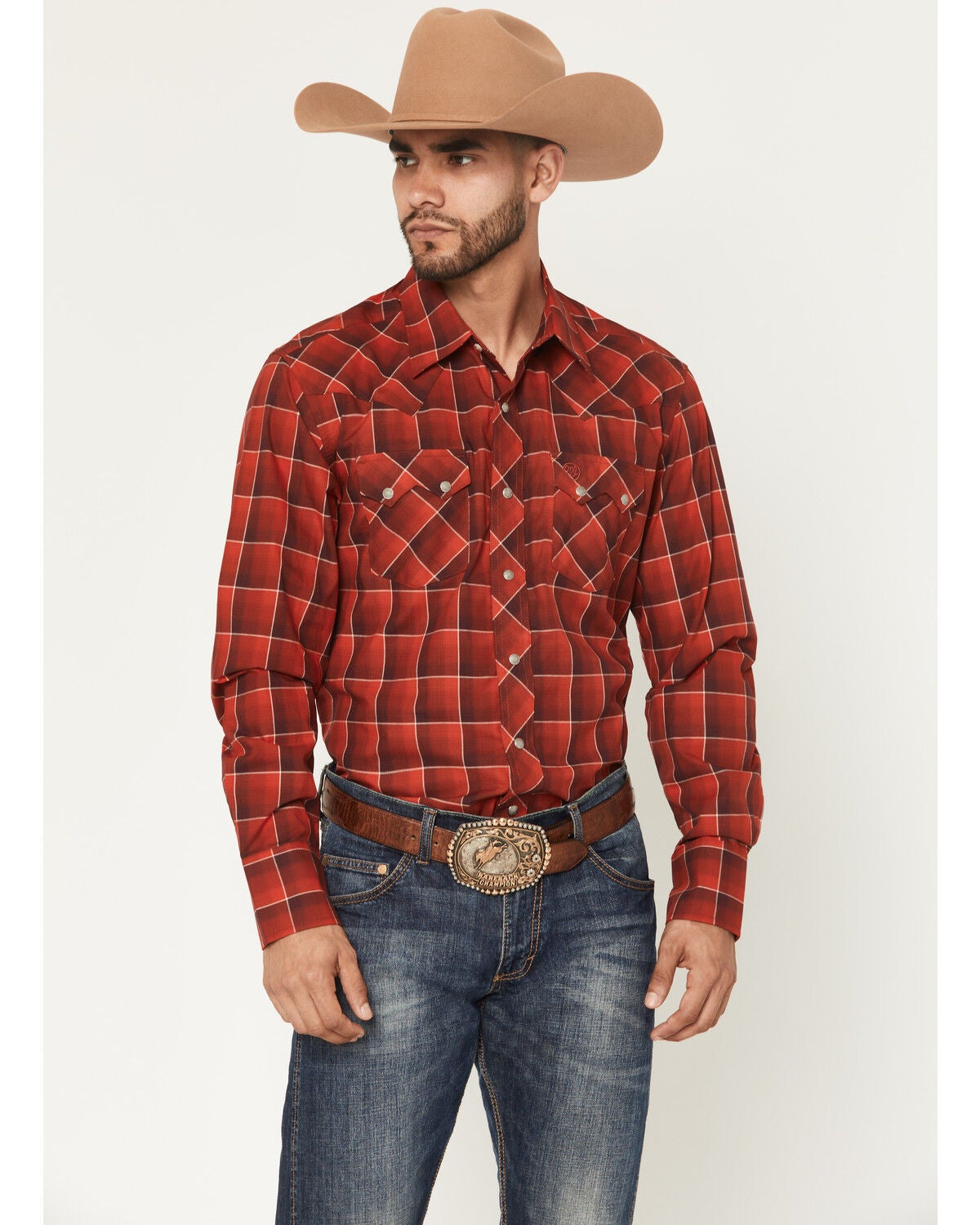 Image #1 - Wrangler Retro Men's Plaid Print Long Sleeve Snap Western Shirt, Red, hi-res