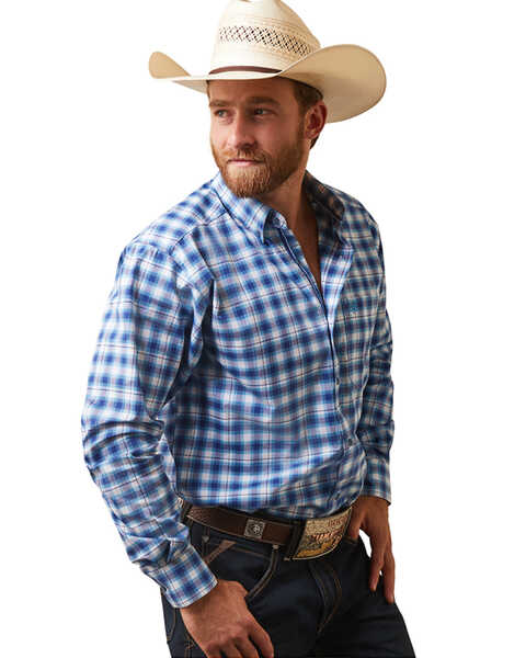 Ariat Men's Pro Series Lex Plaid Print Fitted Long Sleeve Button-Down Western Shirt, Blue, hi-res