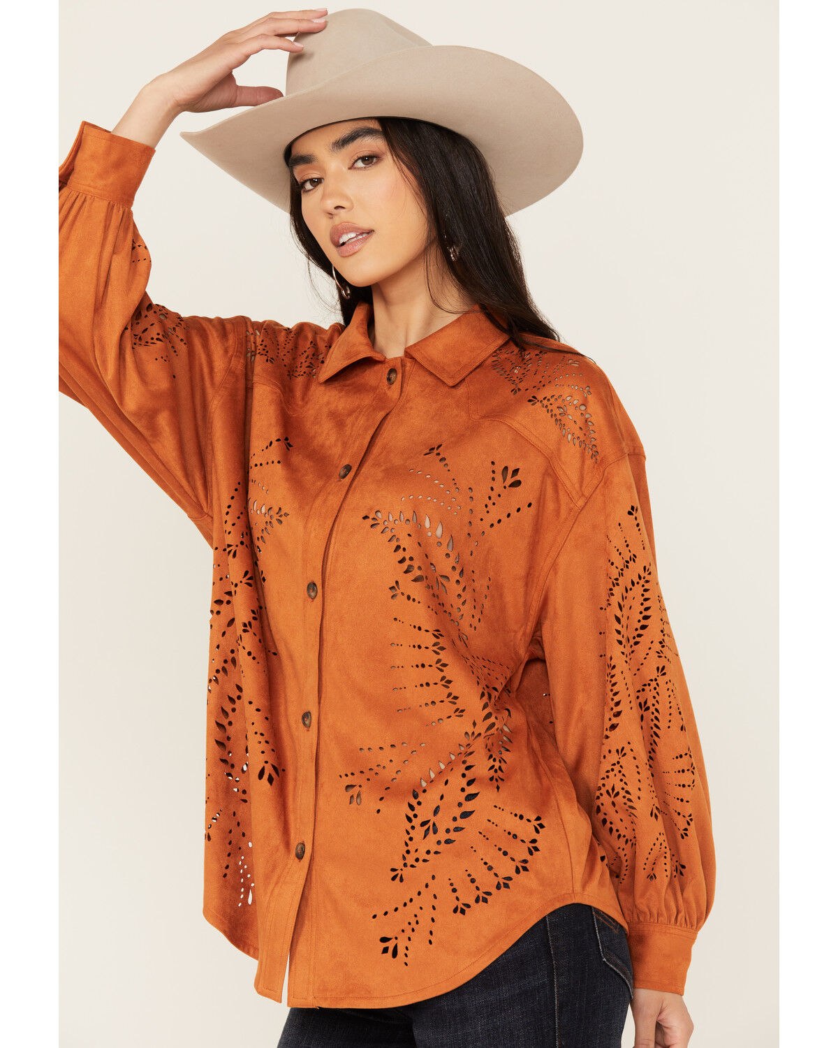 Image #2 - Shyanne Women's Faux Suede Laser Cutout Shacket, Caramel, hi-res