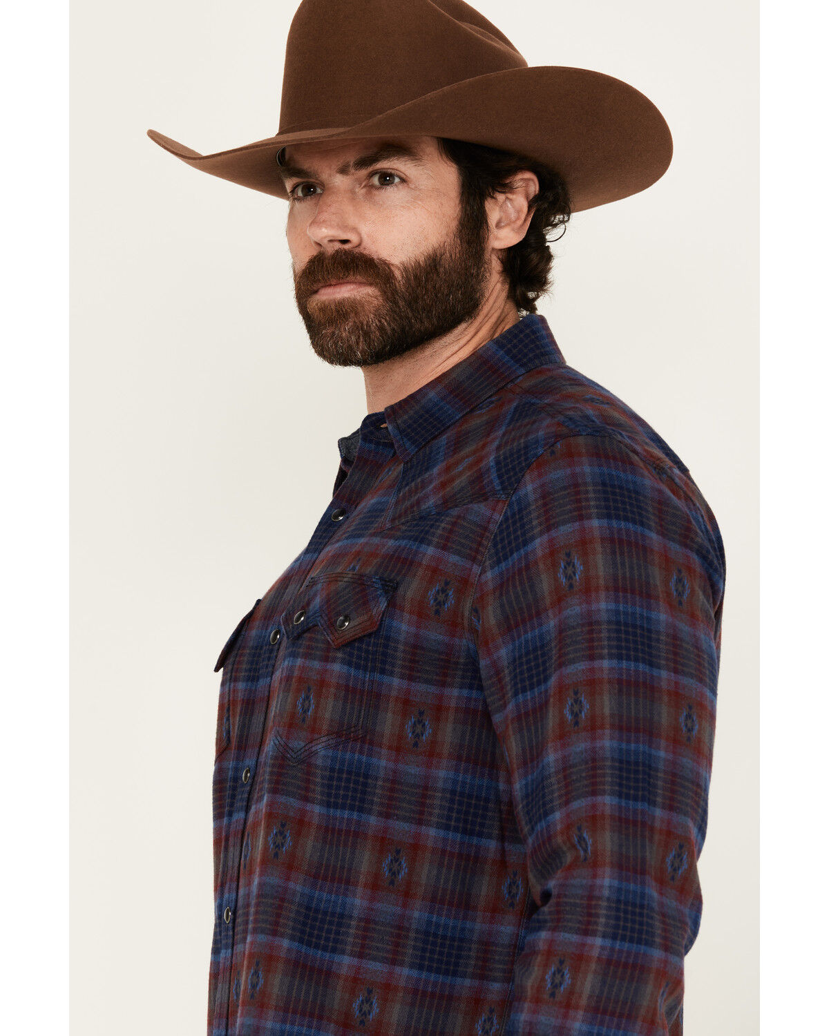 Image #2 - Moonshine Spirit Men's Fireland Dobby Plaid Print Long Sleeve Snap Western Shirt, Burgundy, hi-res