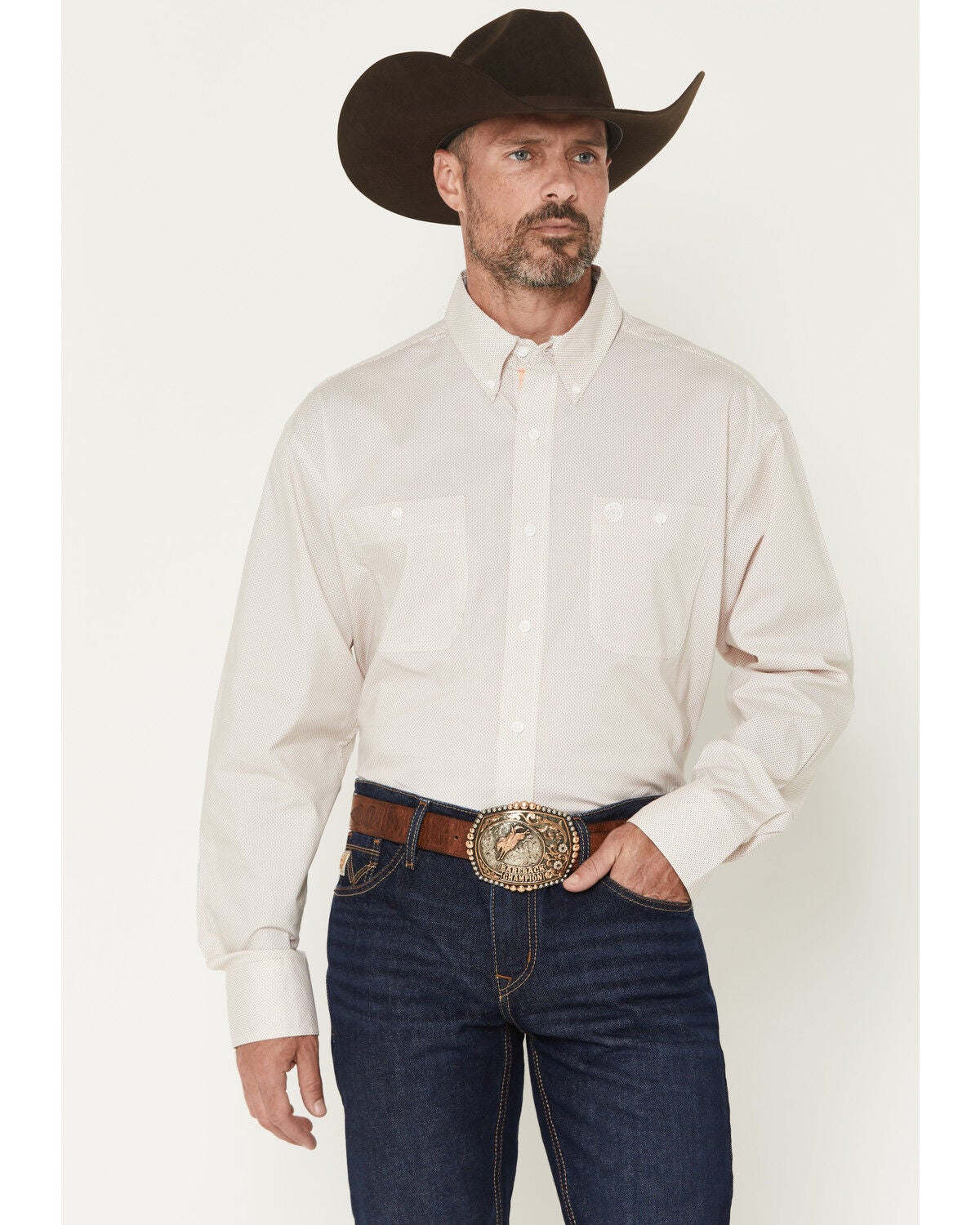 George Strait by Wrangler Men's Geo Print Long Sleeve Button-Down Stretch Western Shirt, Orange, hi-res