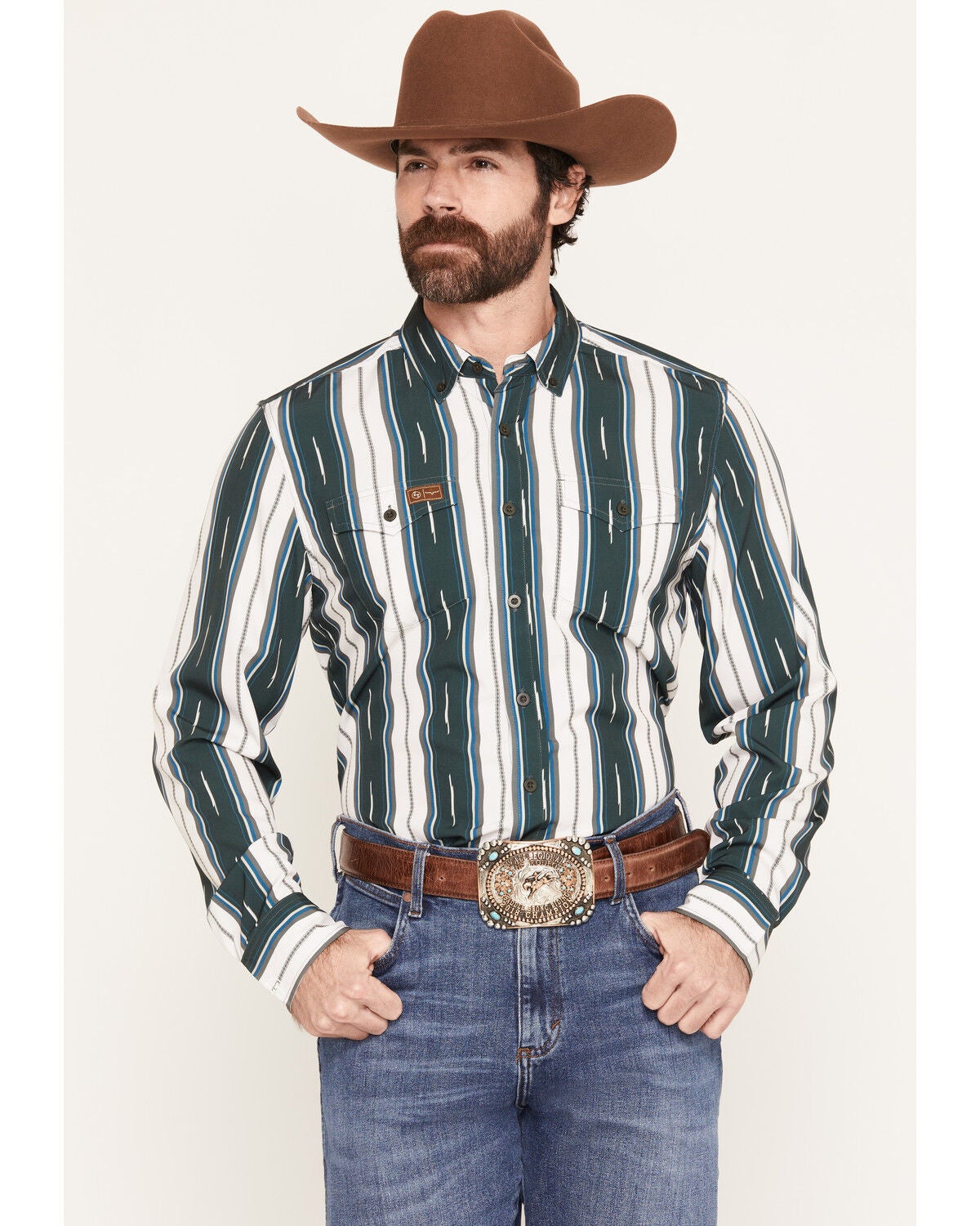 Image #1 - Zach Top X Kimes Ranch Men's Hickory Striped Long Sleeve Button-Down Western Shirt, Green, hi-res
