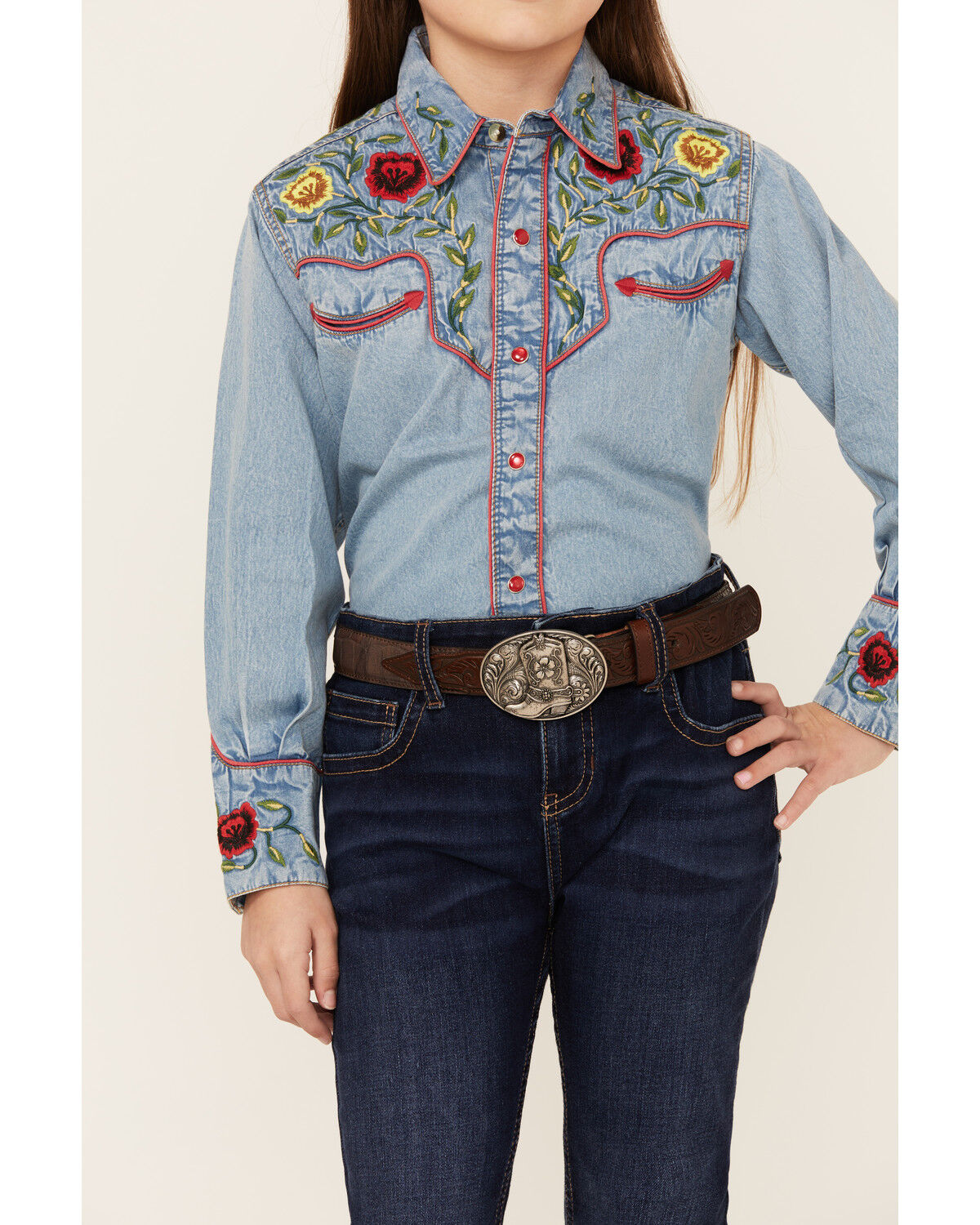 Image #3 - Rockmount Ranchwear Girls' Floral Yoke Long Sleeve Pearl Snap Denim Western Shirt, , hi-res