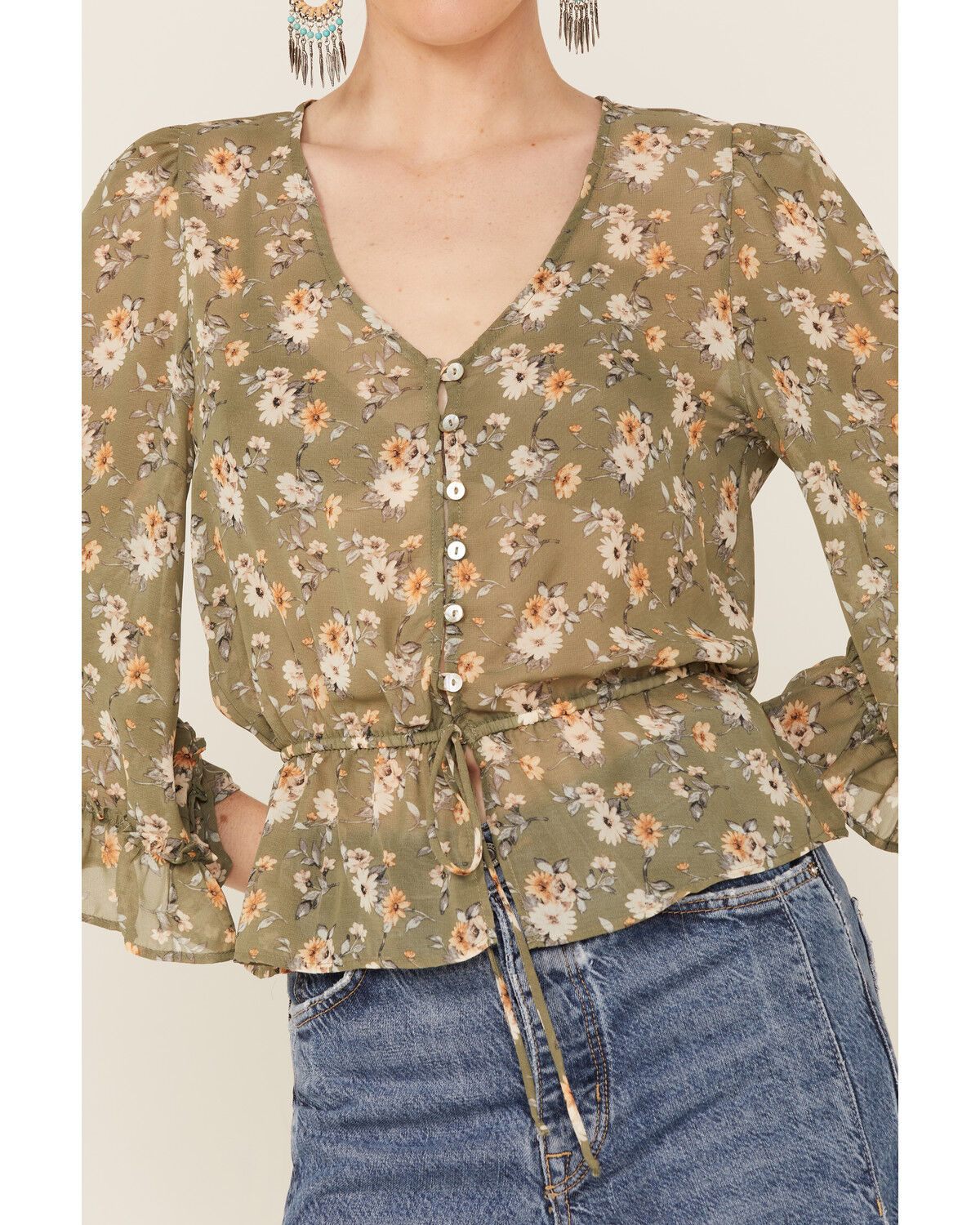 Image #2 - Wild Moss Women's Olive Floral Chiffon Bell Sleeve Blouse, , hi-res