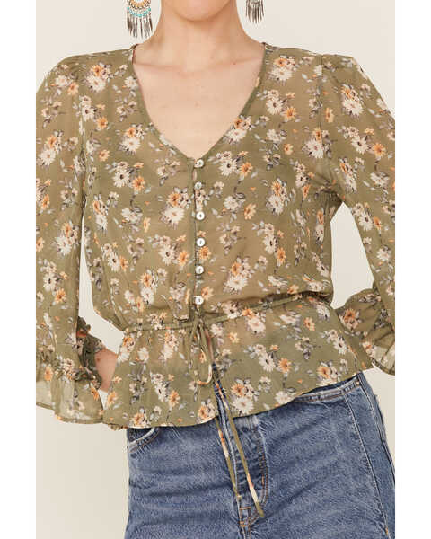 Image #2 - Wild Moss Women's Olive Floral Chiffon Bell Sleeve Blouse, Olive, hi-res