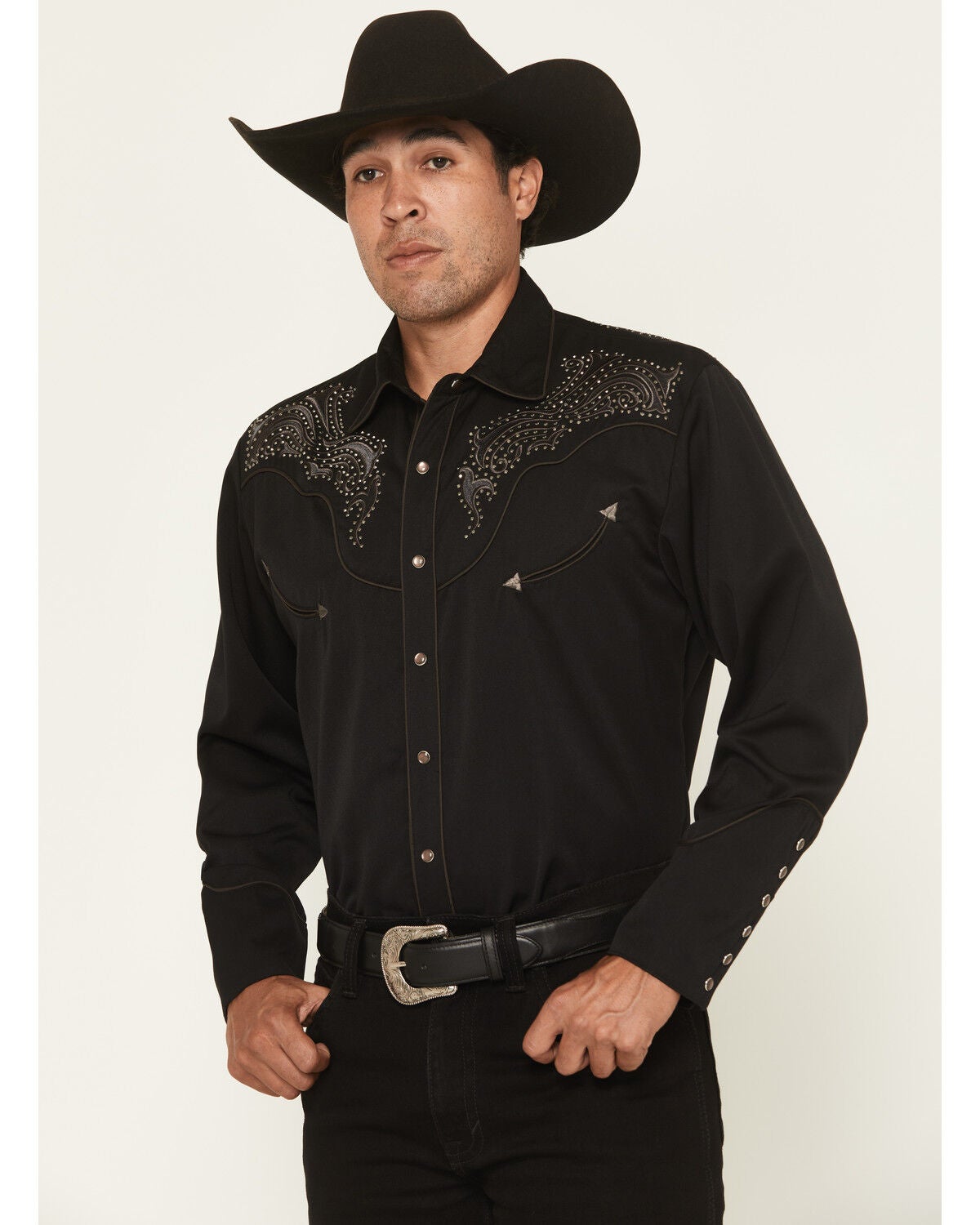 Scully Men's Embellished Solid Long Sleeve Pearl Snap Western Shirt, Black, hi-res
