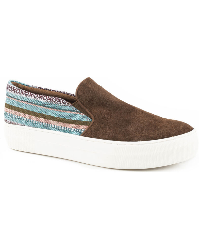 Roper Women's Darcy Brown Suede Woven Stripe Slip On Shoes - Round Toe, Brown, hi-res