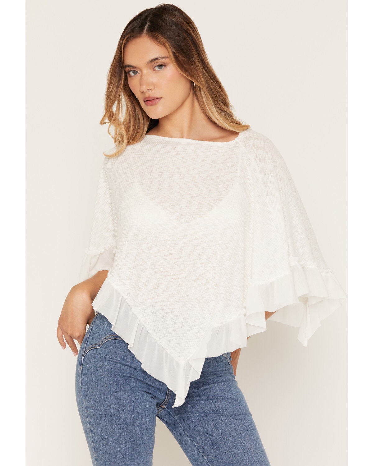 Image #1 - Wild Moss Women's Ruffle Trim Poncho, White, hi-res
