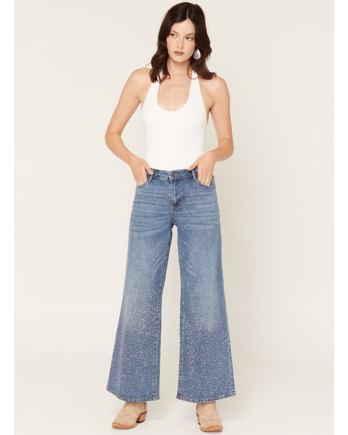 Cello Women's Medium Wash High Rise Embellished Wide Leg Stretch Denim Jeans, Medium Wash, hi-res