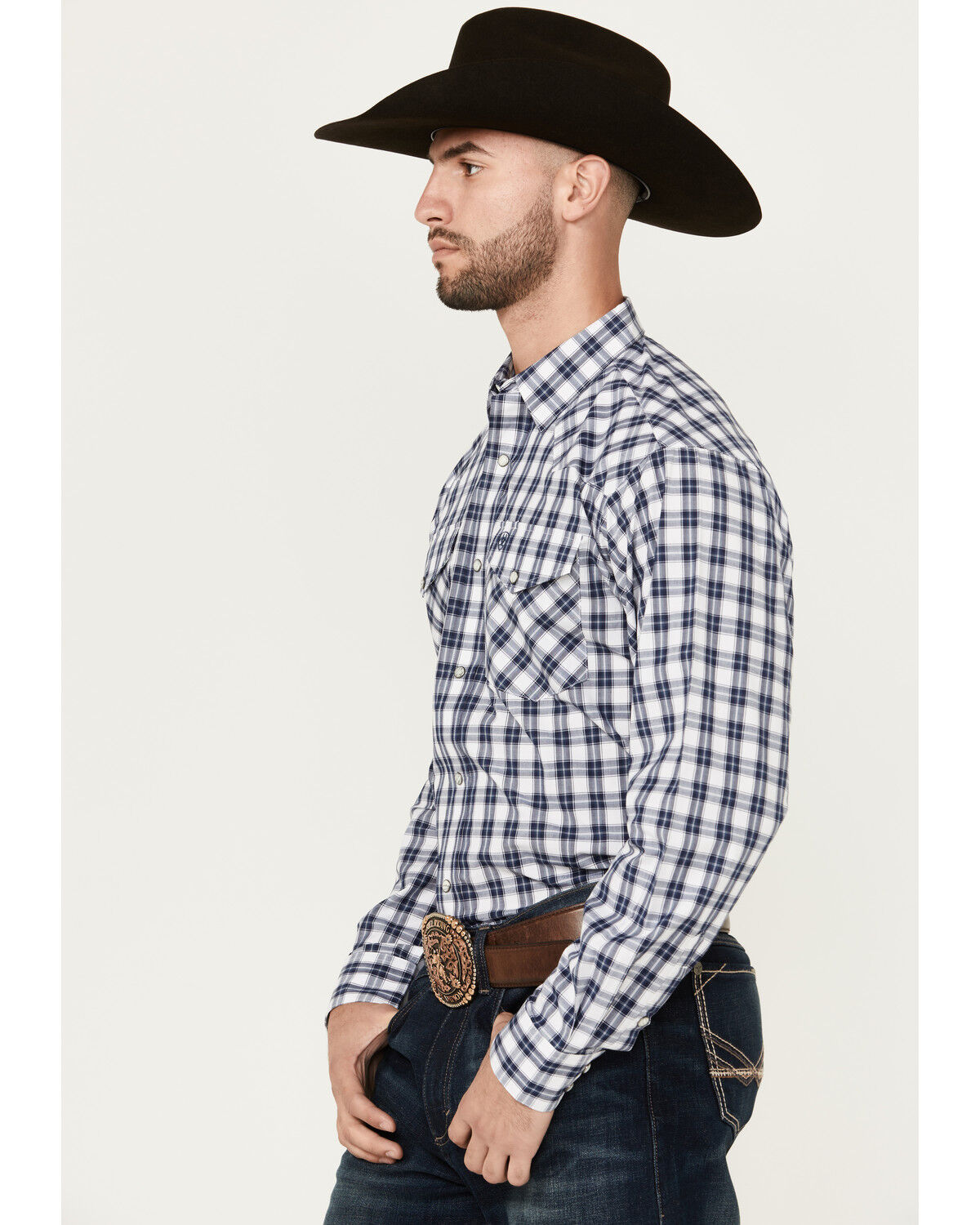 Image #2 - Ariat Men's Ezra Plaid Print Long Sleeve Pearl Snap Performance Western Shirt, Dark Grey, hi-res