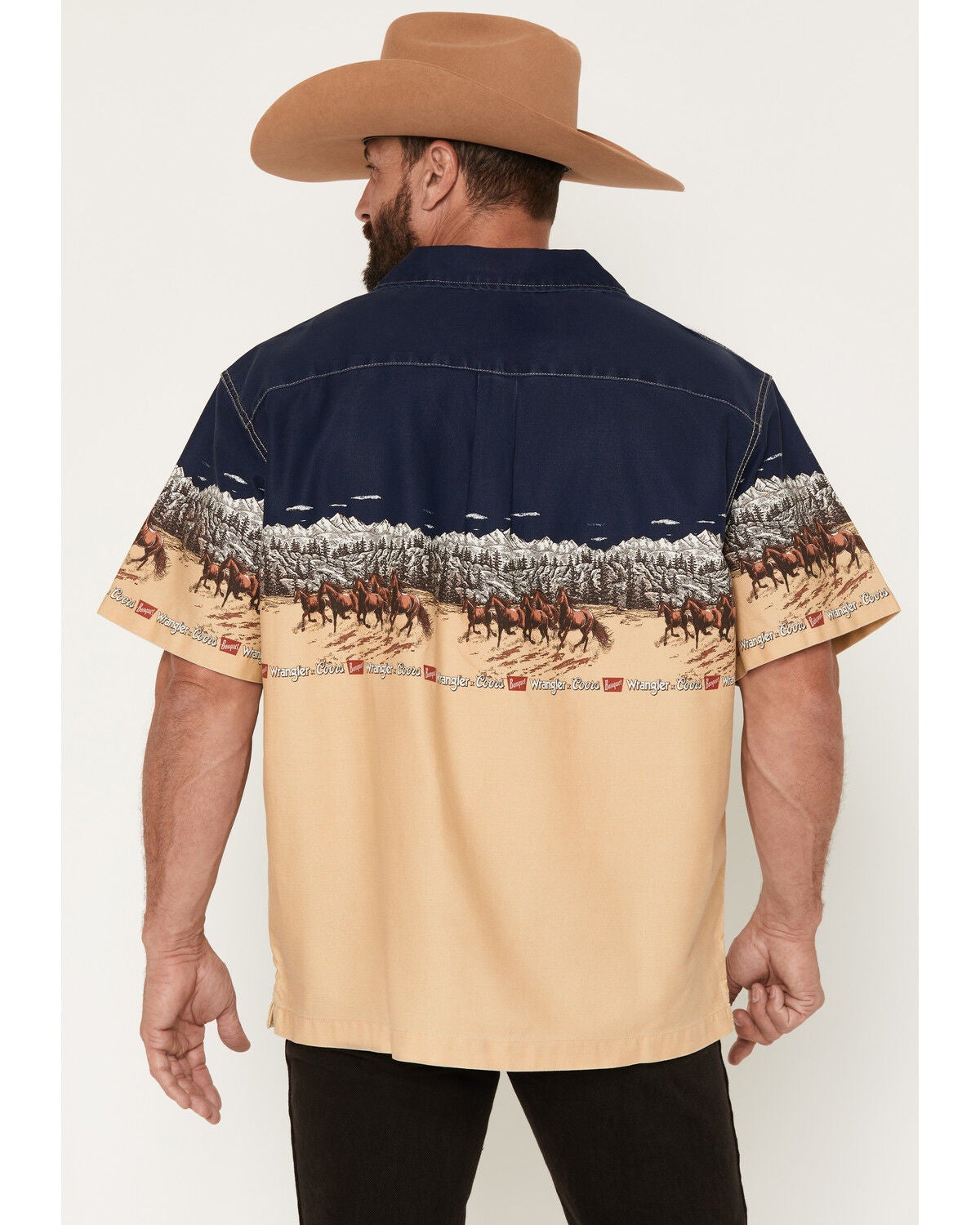 Image #4 - Wrangler X Coors Banquet Men's Border Print Resort Short Sleeve Snap Western Shirt, Tan, hi-res