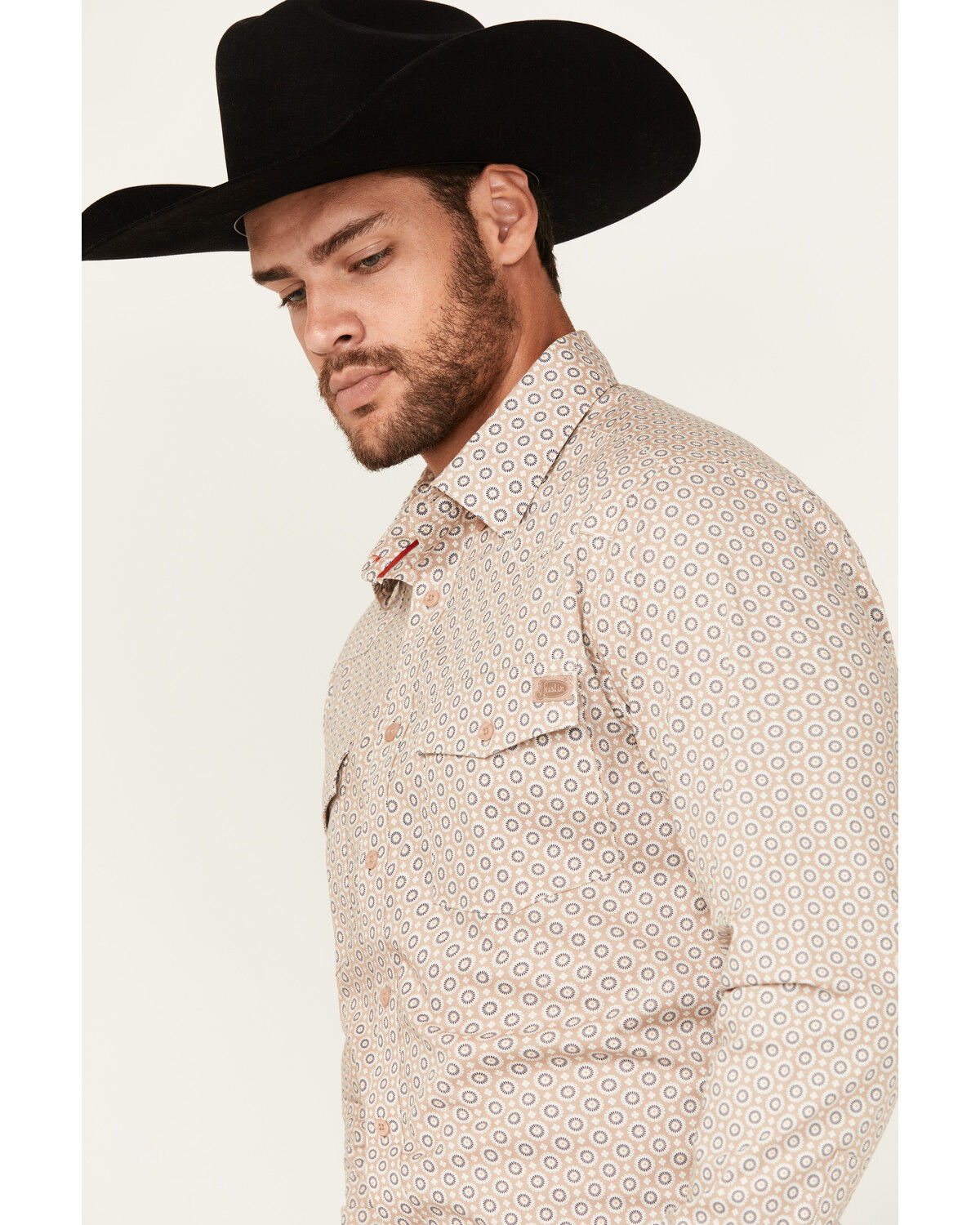 Image #2 - Justin Men's Boot Barn Exclusive Geo Print Long Sleeve Button-Down Stretch Western Shirt, Light Grey, hi-res