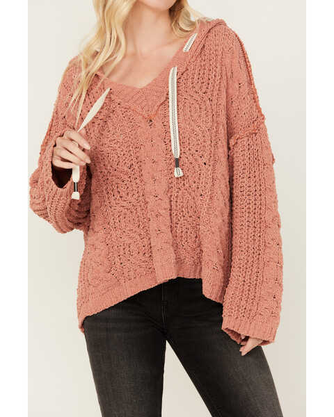 Image #2 - POL Women's Cable Knit Sweater Hoodie , Rust Copper, hi-res