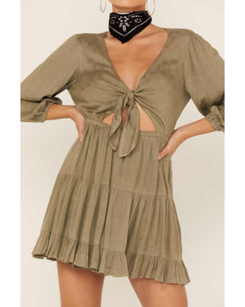 Image #3 - Lush Women's Tie Front Cutout Tiered Long Sleeve Dress, Olive, hi-res