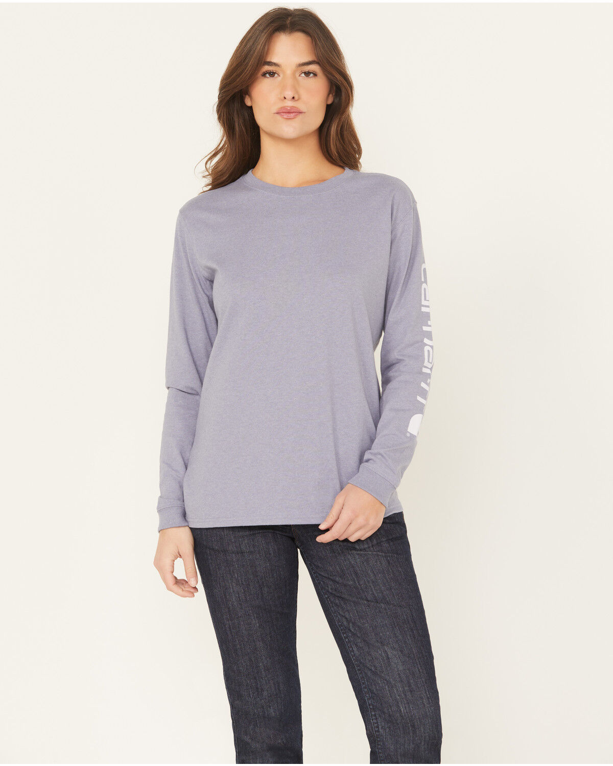 Image #1 - Carhartt Women's Loose Fit Heavyweight Long Sleeve Logo Graphic Work T-Shirt, Lavender, hi-res