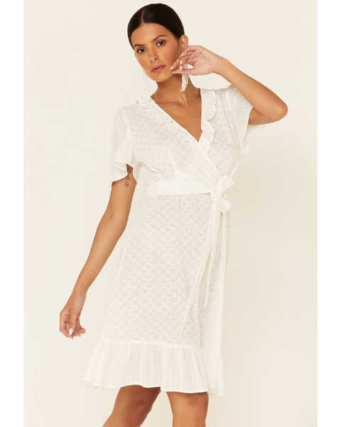 Image #2 - Very J Women's Eyelet Ruffle Surplice Dress, White, hi-res