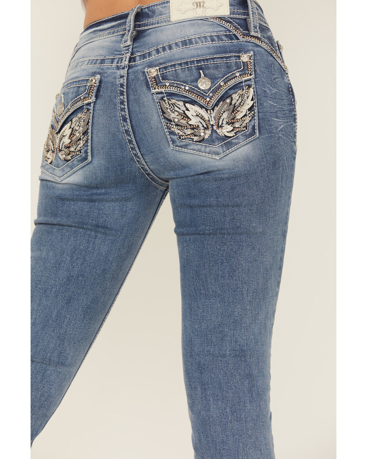 Image #2 - Miss Me Women's Medium Wash Wing Embroidered Bootcut Stretch Jeans, Medium Wash, hi-res