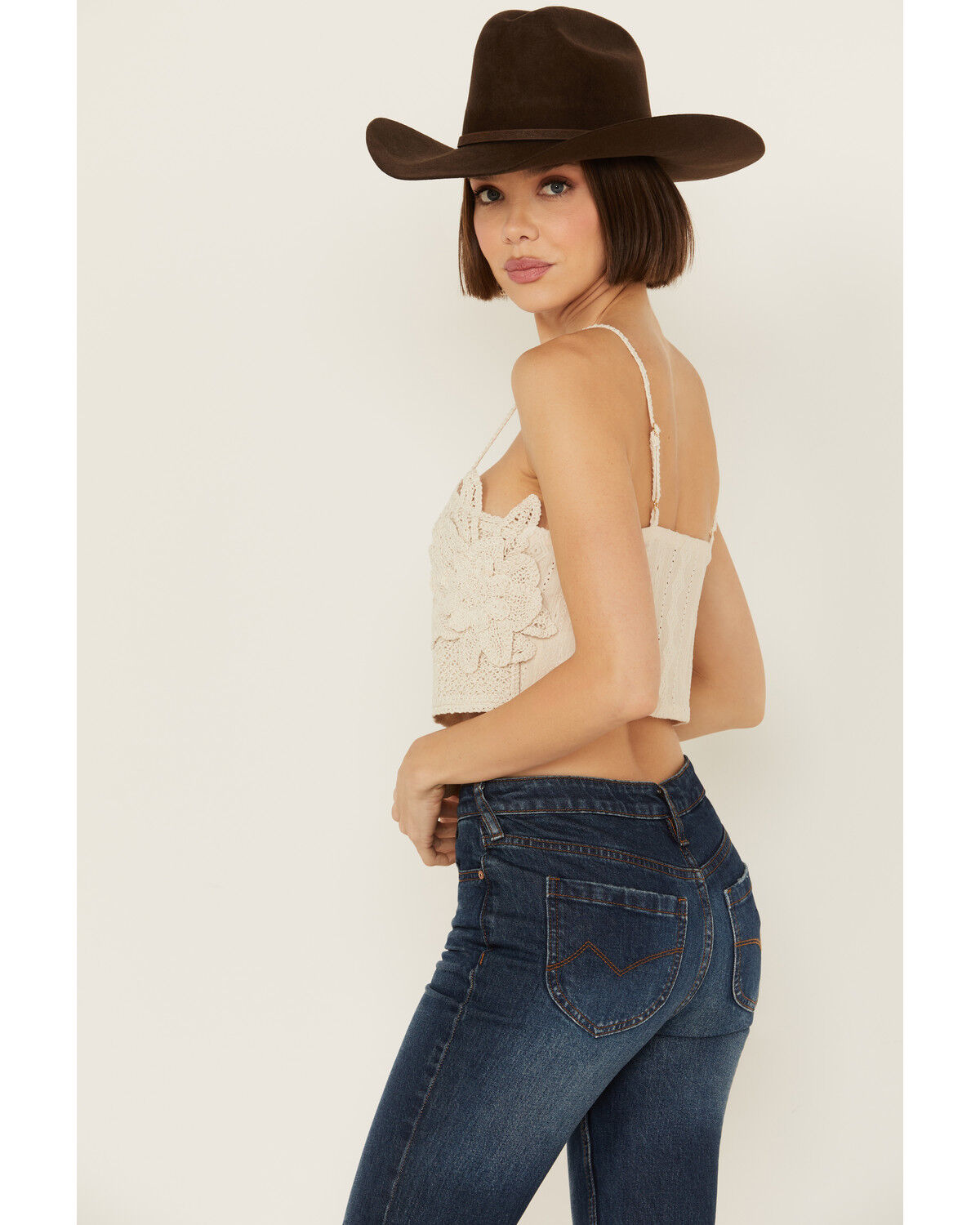 Image #4 - Miss Me Women's Flower Embellished Cropped Tank, Cream, hi-res