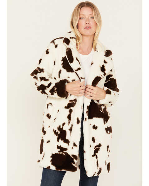26 International Women's Cow Print Fur Coat , White, hi-res