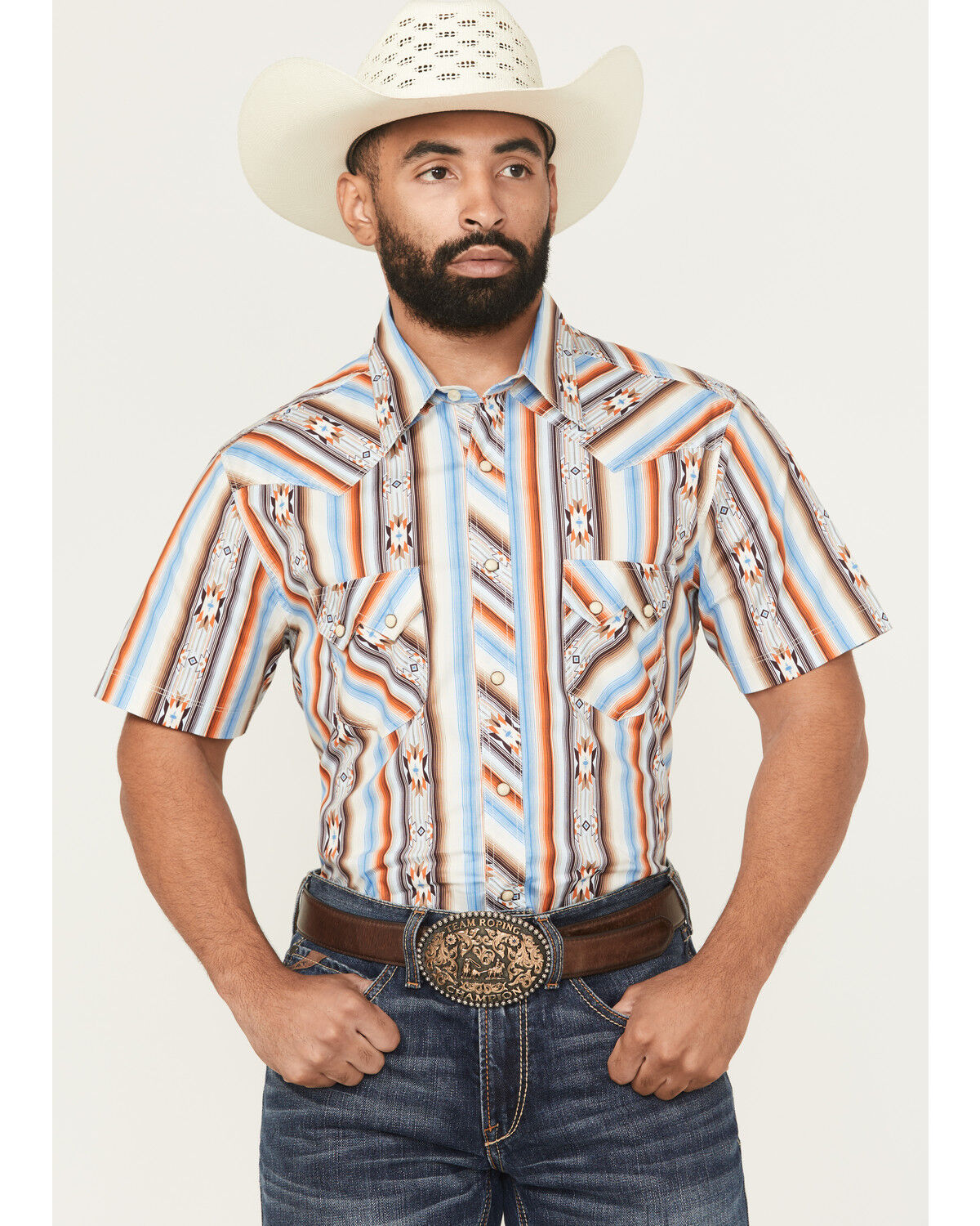 Image #1 - Rock & Roll Denim Men's Southwestern Striped Print Short Sleeve Snap Stretch Western Shirt, Multi, hi-res