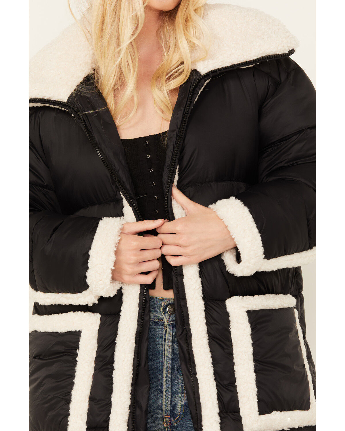 Image #3 - Room 34 Women's Sherpa Puffer Coat, Black, hi-res