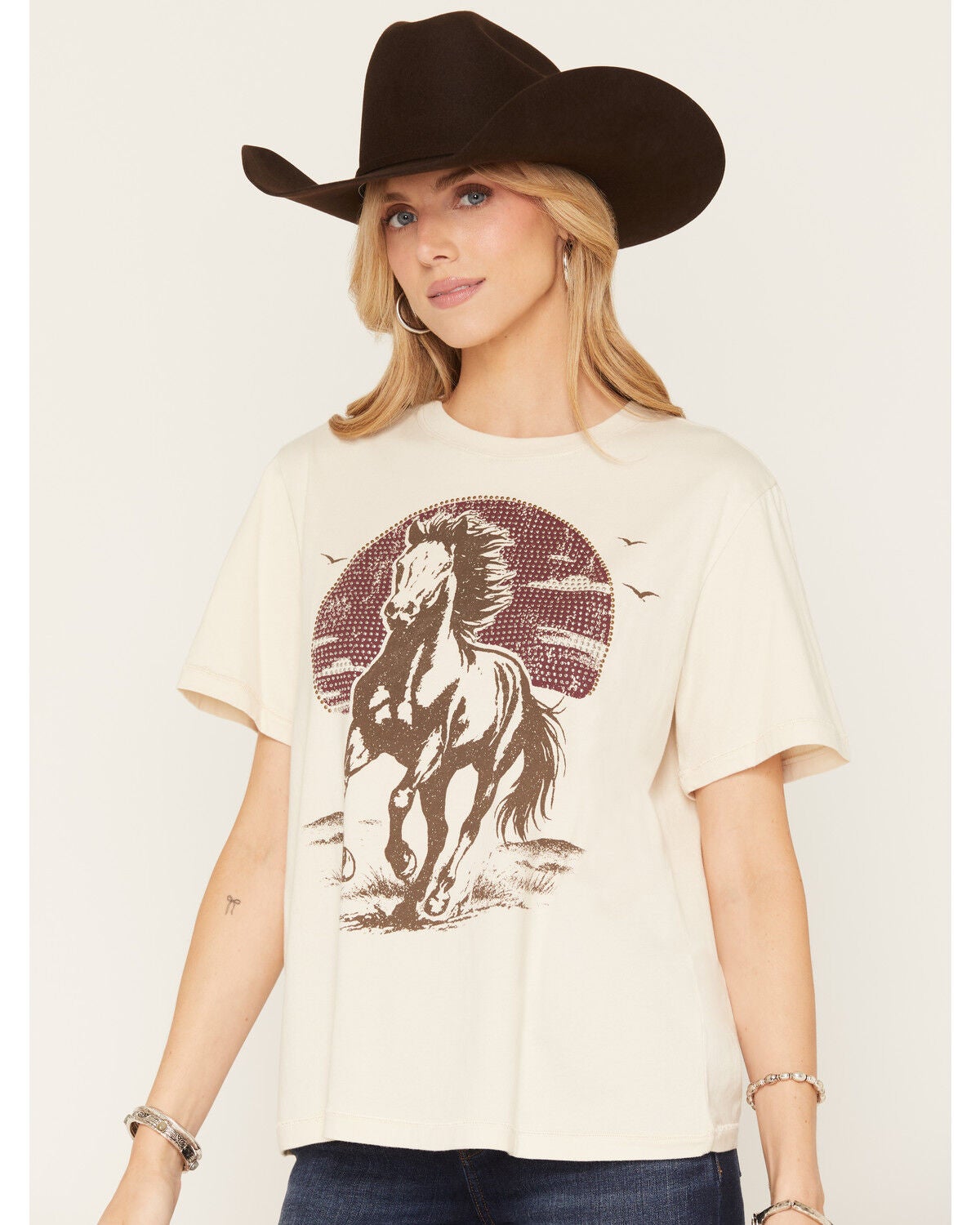 Shyanne Women's Horse with Rhinestone Sun Short Sleeve Graphic Boyfriend Tee, Natural, hi-res