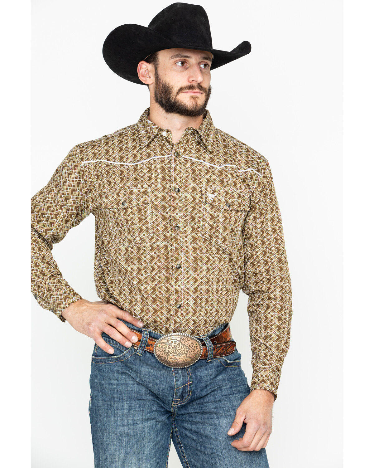 Image #1 - Cowboy Hardware Men's Double Diamond Print Long Sleeve Western Shirt, , hi-res