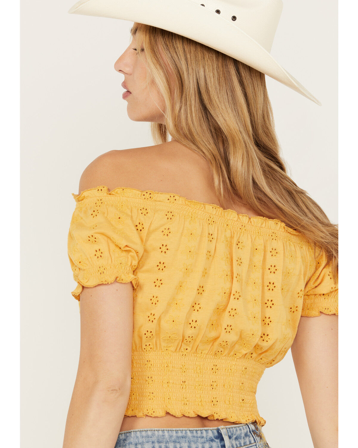 Image #4 - Cleo + Wolf Women's Knit Eyelet Smocked Crop Top, Light Yellow, hi-res
