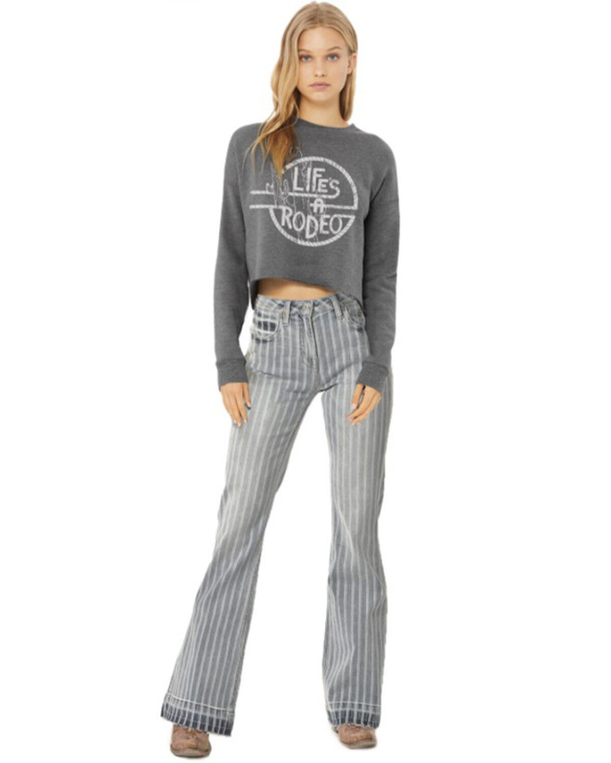Image #1 - Rock & Roll Denim Women's Life Is A Rodeo Graphic Cropped Top, Charcoal, hi-res