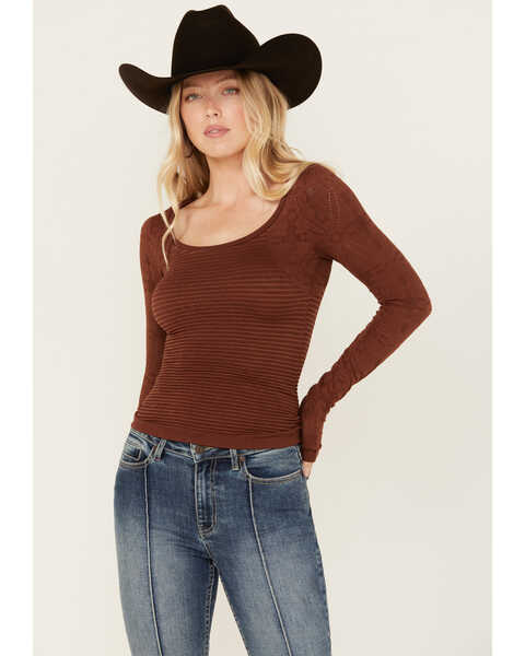 Fornia Women's Jacquard Long Sleeve Knit Top , Coffee, hi-res