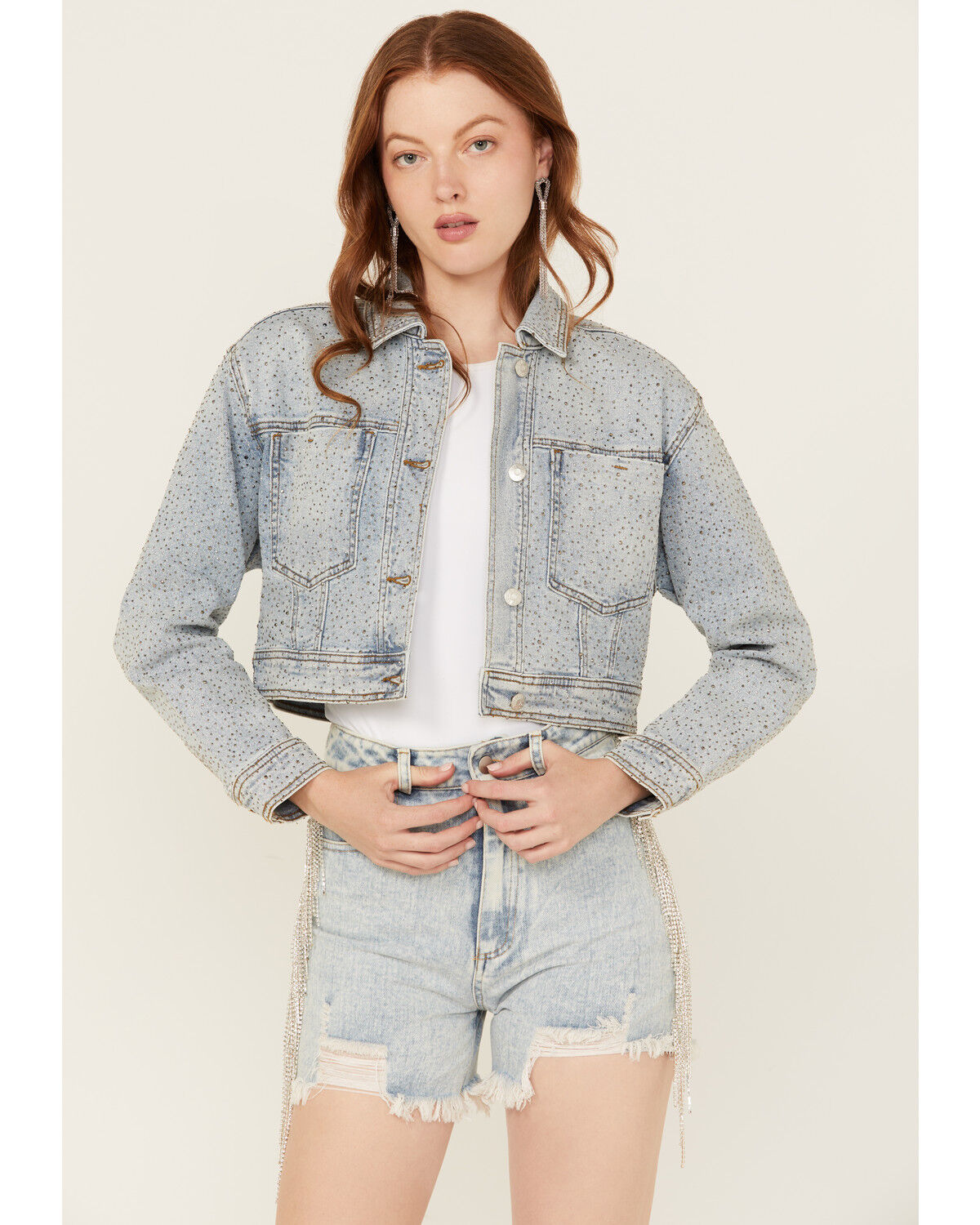 Image #1 - Vibrant Denim Women's Light Wash Rhinestone Cropped Denim Trucker Jacket, Light Wash, hi-res
