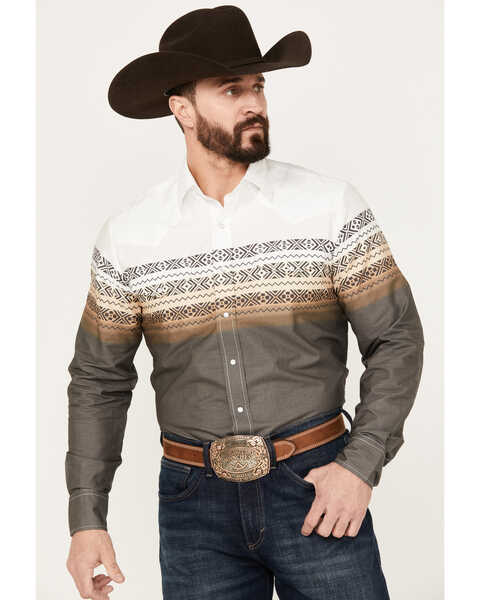 Image #1 - Roper Men's Vintage Border Long Sleeve Western Snap Shirt, Grey, hi-res
