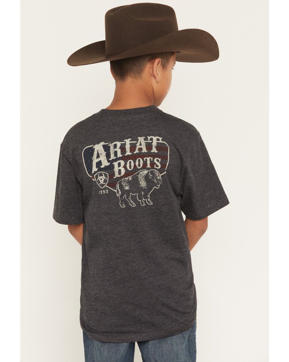 Ariat Boys' Logo Bison Flag Short Sleeve Graphic T-Shirt, Charcoal, hi-res