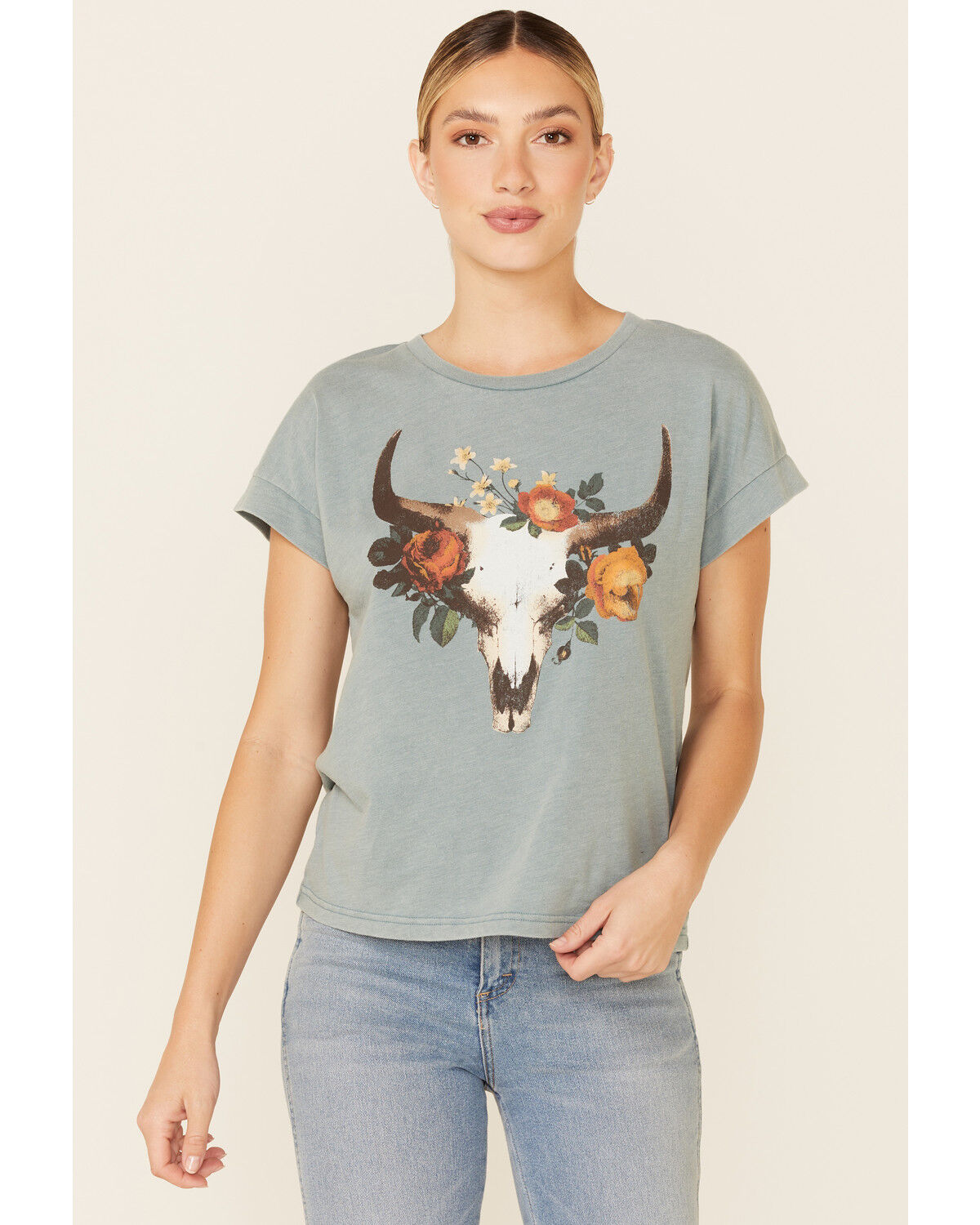 Image #1 - White Crow Women's Teal Floral Longhorn Skull Graphic Short Sleeve Tee, Teal, hi-res