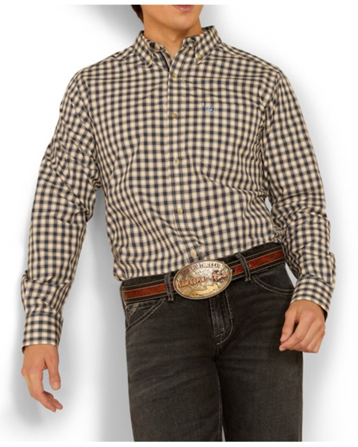 Image #1 - Ariat Men's Thad Pro Series Plaid Print Long Sleeve Button-Down Western Shirt, Dark Blue, hi-res