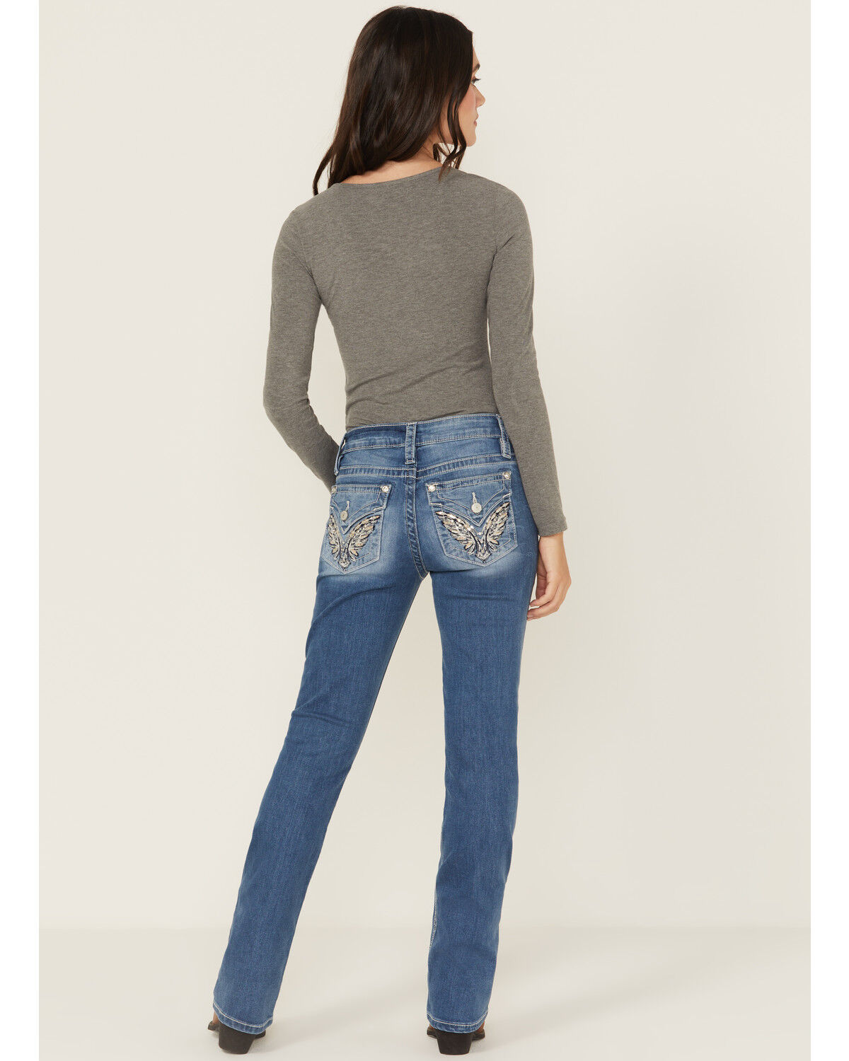 Image #1 - Shyanne Mid Rise Medium Wash Bootcut Wing Faux Flap Stretch Denim Jeans, Medium Wash, hi-res